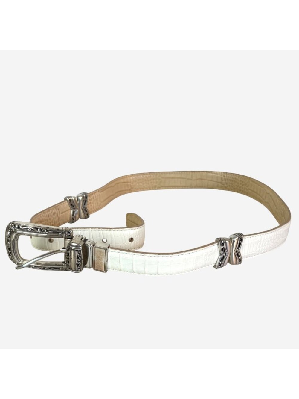Vintage Brighton Reversible Belt White Tan Croc Leather Silver Buckle L 34